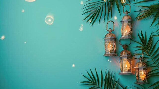 Ramadan Kareem 3D concept with hanging lantern decoration on blue background banner template design isolated on plain pastel color studio background with fresh coconut leaves around it