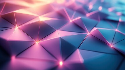 Abstract digital art with folded 3D purple geometric shapes, glowing white and cyan line decorations enhancing the depth of the scene.