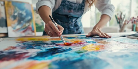 Obraz premium A woman is painting a colorful abstract piece of art. She is using a brush to apply the paint to the canvas. The painting is full of bright colors and has a lively, energetic feel to it