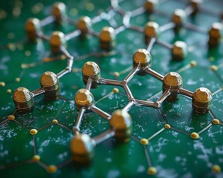 Golden molecules on a circuit board background