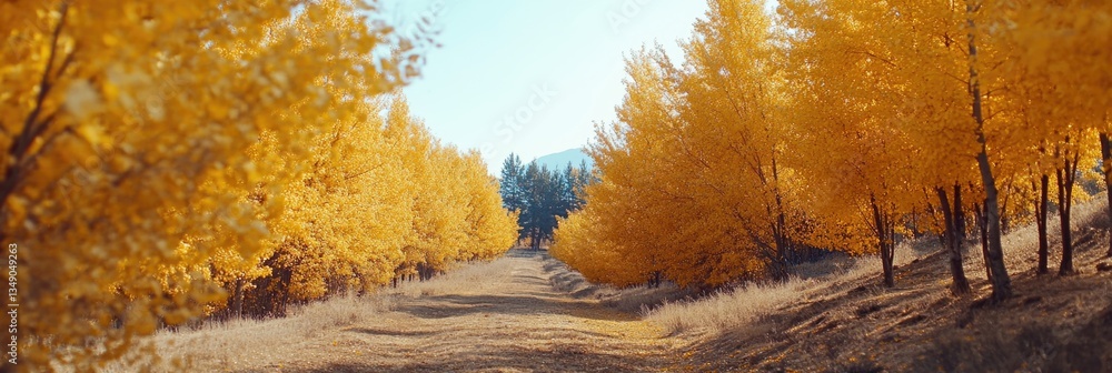 Poster a path through a forest of yellow trees. the trees are tall and leafy, and the path is lined with th