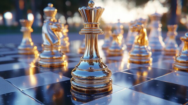 A chess game with a golden king on the board. The king is surrounded by other pieces, including a knight and a pawn. Concept of strategy and competition, as players try to outmaneuver each other