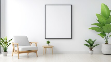 A modern, minimalist interior featuring a wooden chair, small table, and various indoor plants against a bright, empty wall, sustainable living lifestyle.
