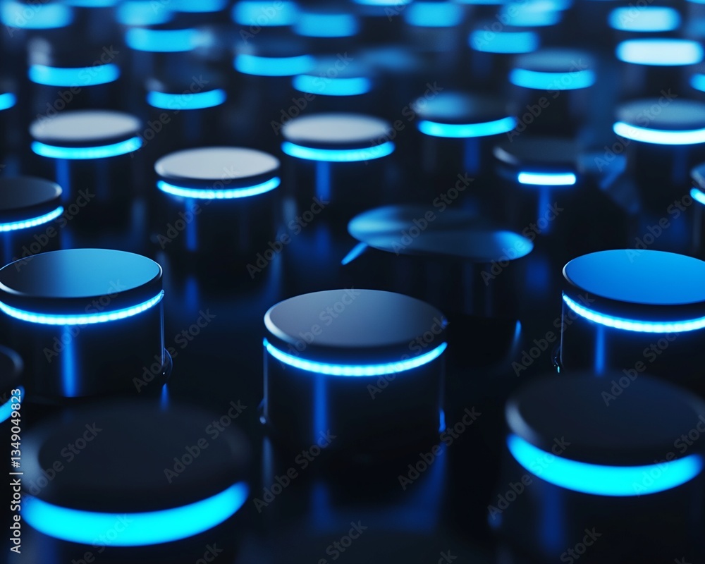 Poster array of illuminated cylinders on dark surface