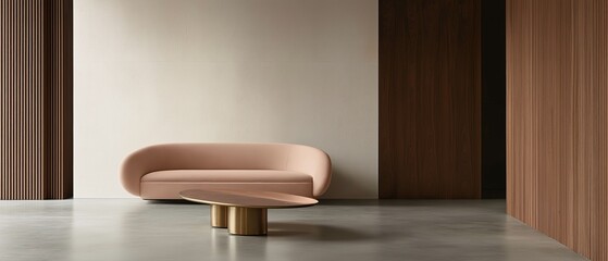 Fototapeta premium Modern living room with a pink armchair and a round wooden coffee table in the center. the armchair is upholstered in a soft pink fabric and has a curved backrest and armrests.