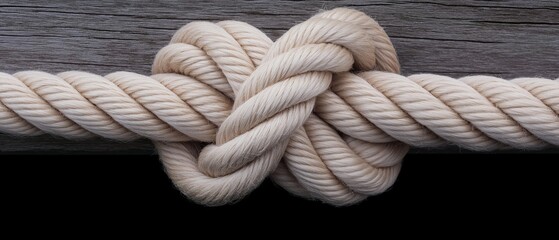 Close-up of a knot made of rope. the knot is in the shape of a heart and is made up of multiple loops and knots. the rope is light beige in color and appears to be coiled around a wooden surface.