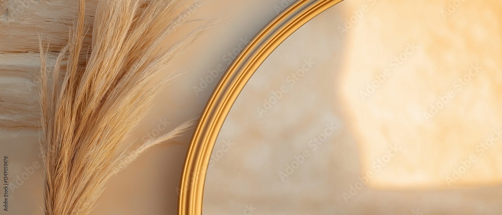 Aufkleber close-up of a gold-colored curved object on a beige background. the object appears to be made of met