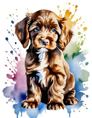 Watercolor Puppy Portrait: Cute Spaniel with Colorful Splash Art