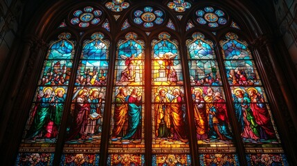 A close-up shot of a stained glass window featuring a biblical scene, with the light streaming through in vibrant colors, symbolizing divine light and sacred history