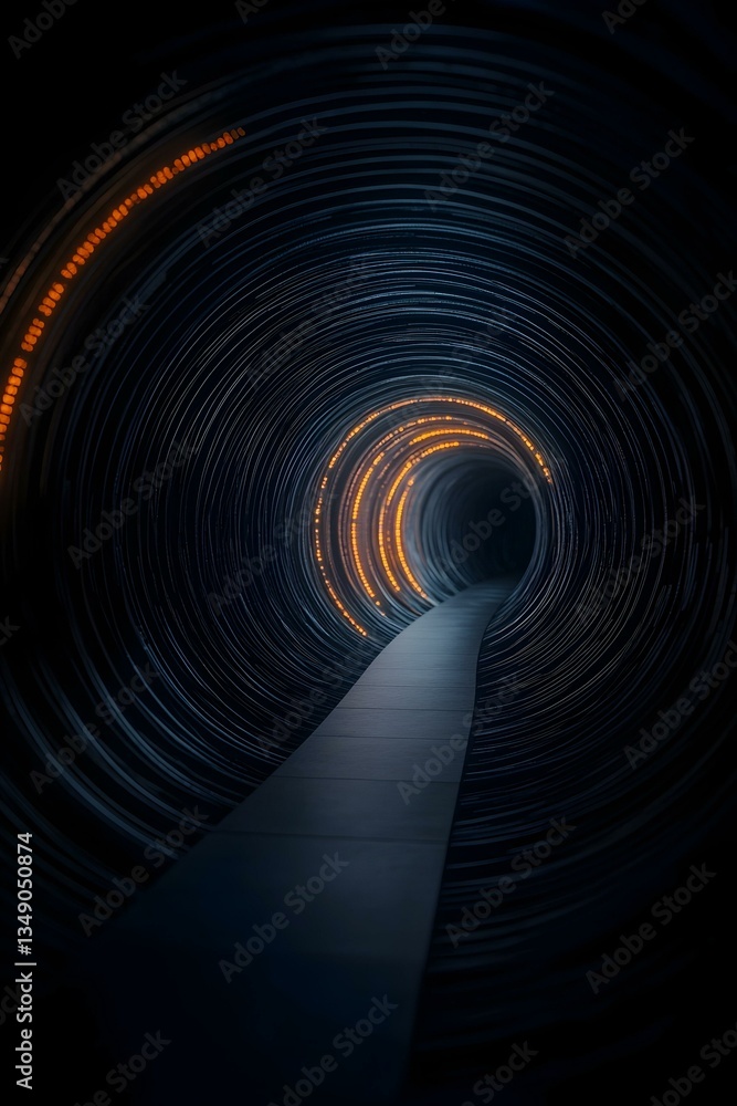 Poster futuristic tunnel with illuminated path. abstract pathway leading to the light.