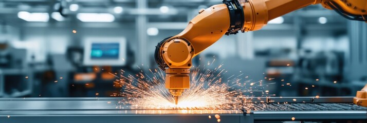 High-tech robot in a factory welding machine parts, showcasing industrial automation and precision manufacturing.