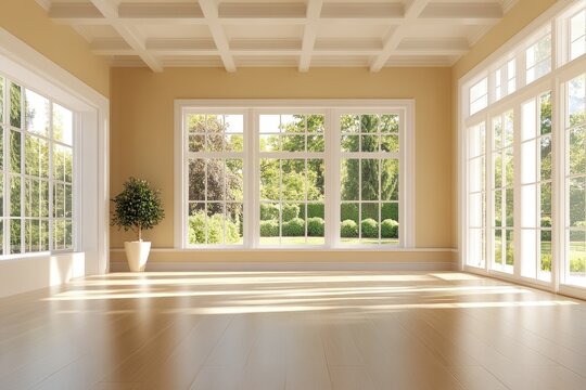 Fototapeta Empty sun-drenched room with large windows overlooking garden