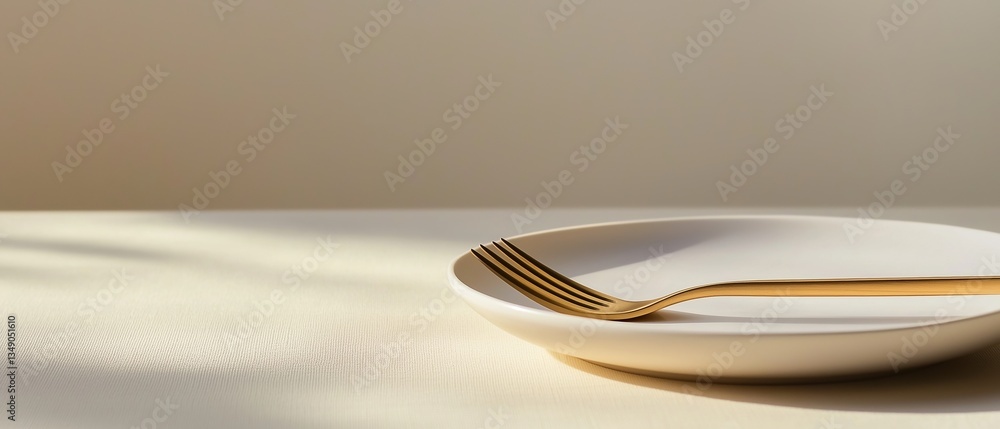 Poster white plate with a gold fork resting on it. the plate is placed on a light-colored tablecloth with a