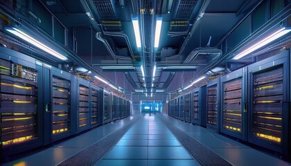 Fototapeta premium A vibrant data center filled with servers highlights blockchain technology.