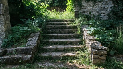Old stone staircase overgrown with greenery in a mysterious ancient garden