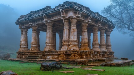 Obraz premium Ancient stone temple in misty landscape