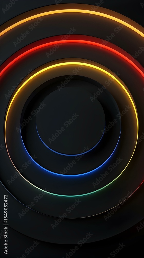Poster abstract dark background with vibrant neon concentric circles. perfect for modern design projects.