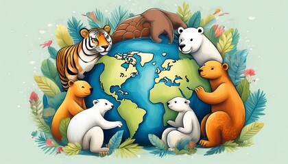 Naklejka premium Description (EN, ≤200 chars): Fun children’s book-style illustration of diverse animals like polar bears and turtles together in a playful scene, colorful and friendly design