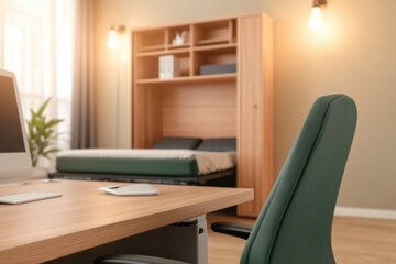 Cozy multifunctional space featuring hidden bed, modern desk, an
