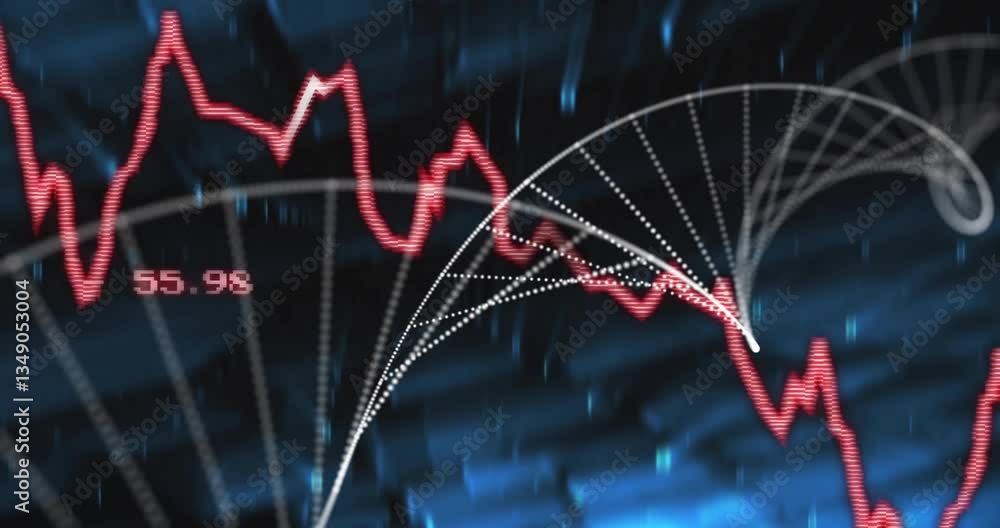 Poster animation of red financial graph with data points over abstract blue background