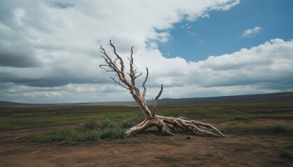Lonely tree in vast landscape nature scene open sky serene environment wide angle view solitude concept