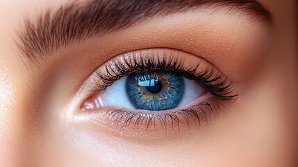 Obraz premium A woman's eye, macro close,up, shows perfect eyebrows, long lashes, healthy skin, and natural beauty, highlighting vision care and cosmetology.