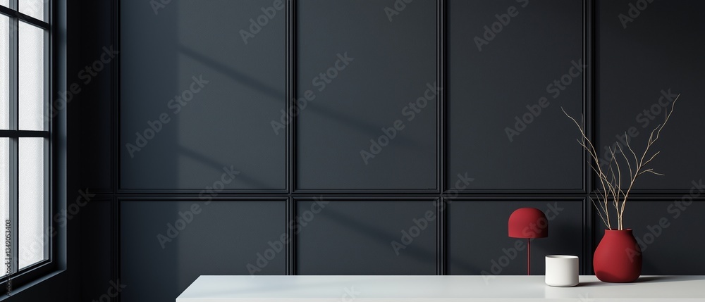 Poster modern and minimalist interior design of a room with a large window on the left side. the wall behin