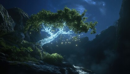Obraz premium Enchanting nighttime glow of a mystic tree mountain valley digital artwork ethereal atmosphere dreamlike perspective