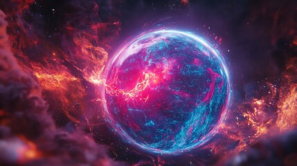 Obraz premium Mystic Planet with Glowing Surface Surrounded by Nebula and Starfield