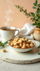 Magnesium Glycinate supplement presented alongside coffee and nuts on a rustic wooden table, with a warm and cozy atmosphere.