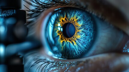 Advanced technology uses microscopic surgical instruments converging on a human eye, suggesting innovative vision enhancement or ocular disease treatment.