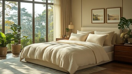 Fototapeta premium Beige bedroom with natural light
