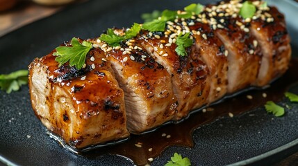 Delicious Teriyaki Glazed Pork Tenderloin with Sesame Seeds and Parsley
