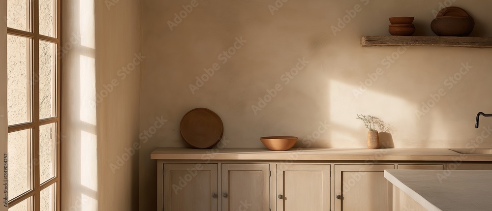 Poster modern kitchen with a large window on the left side. the window has a wooden frame and is letting in