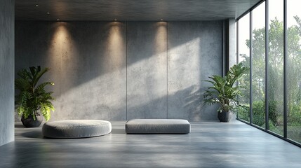 Modern concrete room with a minimalist design, featuring textured gray walls and an open, industrial-style floor