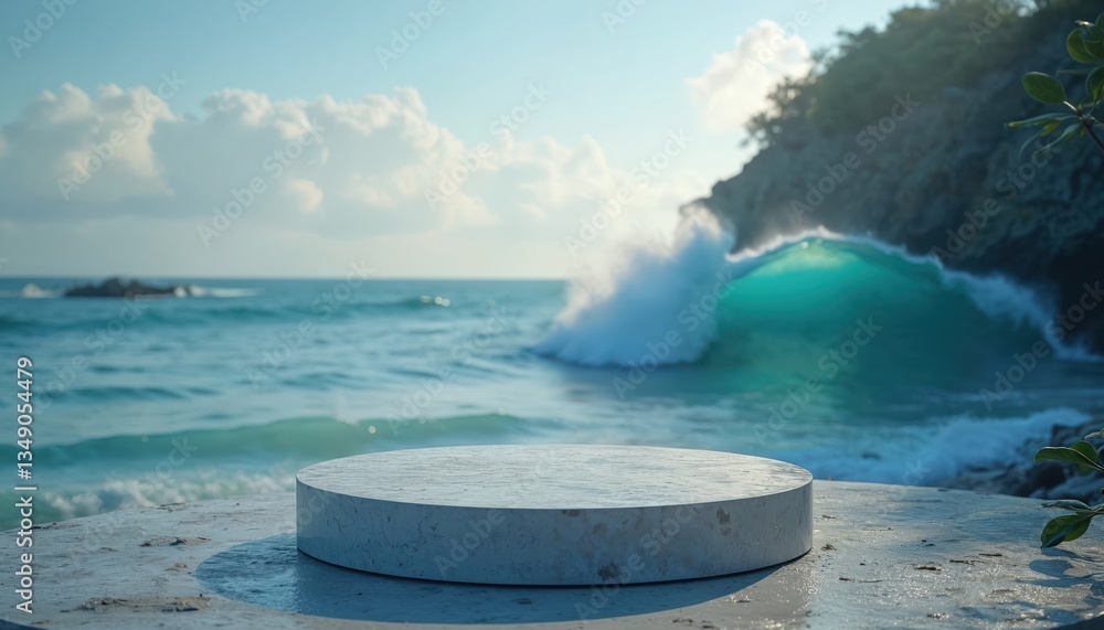Poster blank podium stage on sea ocean wave background. studio platform display stand for product placement