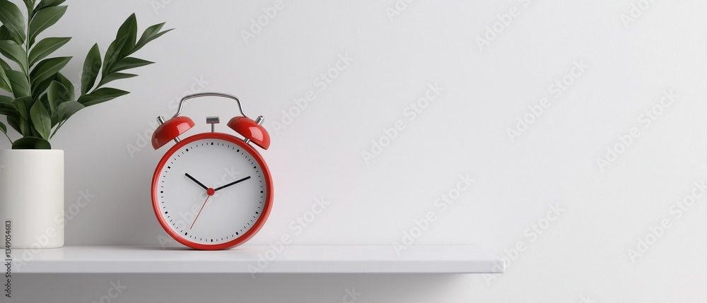 Poster red alarm clock sitting on a white shelf against a plain white wall. the clock has two bells on top 