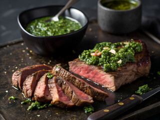 Juicy Grilled Steak with Chimichurri Sauce on a Rustic Board
