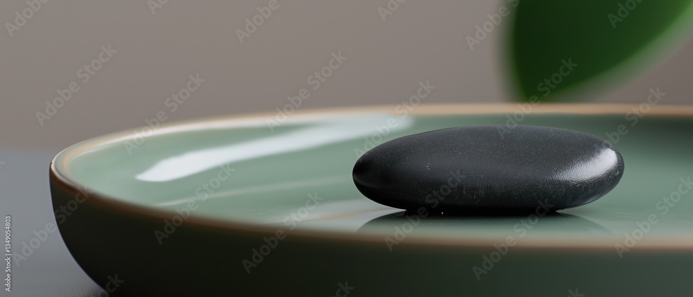 Poster single black stone resting on a green plate. the plate is round and has a smooth surface. the backgr