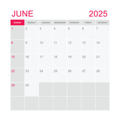 Classic monthly calendar for 2025. week starts on sunday. simple June 2025 calendar template. monthly planner design in box