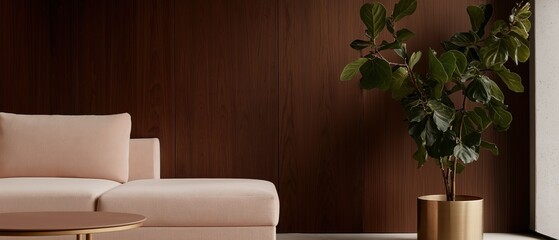 Modern living room with a pink sofa and a small round coffee table in front of a wooden wall. on the right side of the image, there is a large potted plant with green leaves in a gold pot.