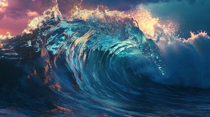 Magnificent Ocean Wave Crashing with Golden Light and Azure Blue Hue