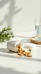 A photo of a white table with a glass of water next to a bottle of magnesium glycinate supplement capsules and some pine needles as garnish.