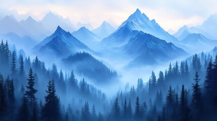 Obraz premium At dawn, a serene minimalist nature scene, misty blue mountains rise above a dense evergreen forest in a low polygon landscape.
