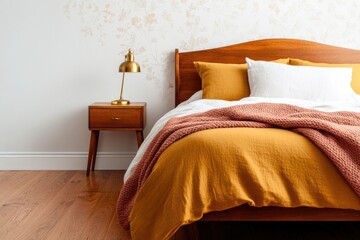 Cozy bedroom featuring warm tones, stylish bedding, and elegant