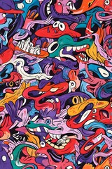 Obraz premium Colorful abstract art with cartoonish faces, vibrant colors, and playful shapes. Perfect for textile design, wallpaper, or vibrant backgrounds.