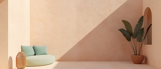 Corner of a room with a light pink wall and a large potted plant on the right side. on the left side of the image, there is a round, light green sofa with two blue cushions.