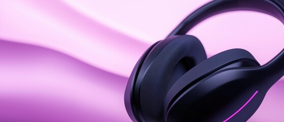 Close-up of a pair of black headphones. the headphones have a sleek and modern design with a curved shape and a comfortable fit.