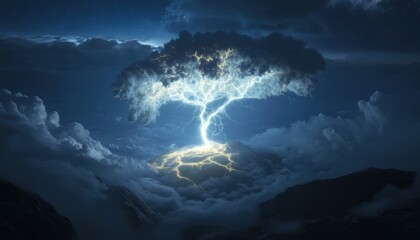 Lightning tree emerges from clouds nature scene atmospheric viewpoint dynamic environment at night
