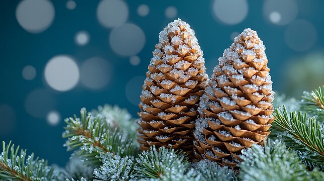 Two snow-covered pine cones on a snowy fir branch against a bokeh background.